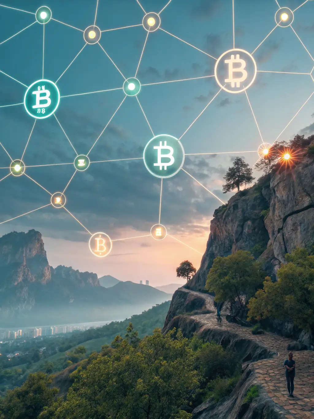 A graphic representation of a blockchain network with gold bars integrated, symbolizing the digital assets backed by gold.