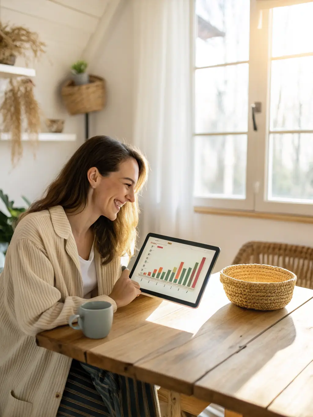 A person happily reviewing their investment portfolio on a tablet, showcasing the potential returns and growth with GoldMiner.